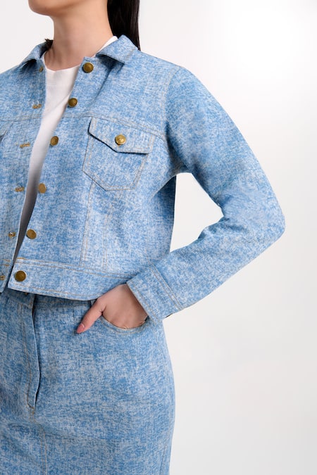 Verano By Tanya_Blue Denim Collared Aspen Jacket _at_Aza_Fashions