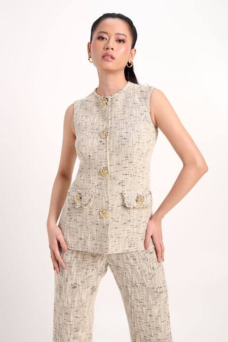 Verano By Tanya_Ivory Tweed Fringe Round Neck Astrid Waistcoat _Online_at_Aza_Fashions