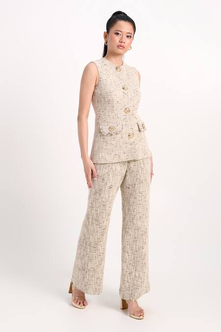 Buy_Verano By Tanya_Ivory Tweed Fringe Round Neck Astrid Waistcoat _Online_at_Aza_Fashions