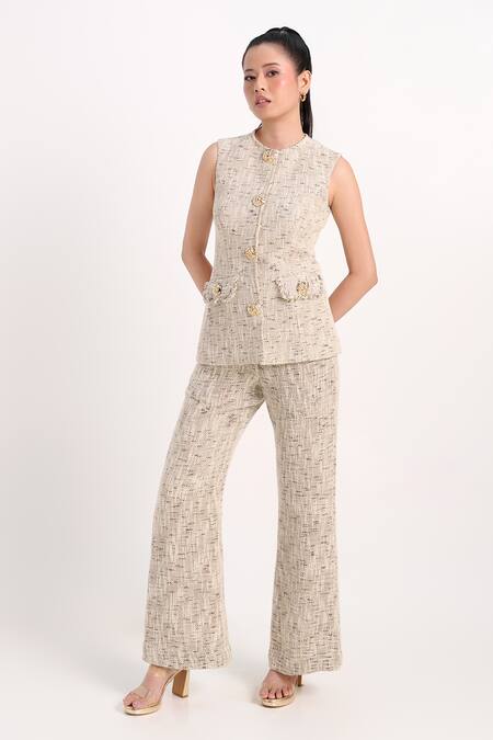 Shop_Verano By Tanya_Ivory Tweed Fringe Round Neck Astrid Waistcoat _Online_at_Aza_Fashions