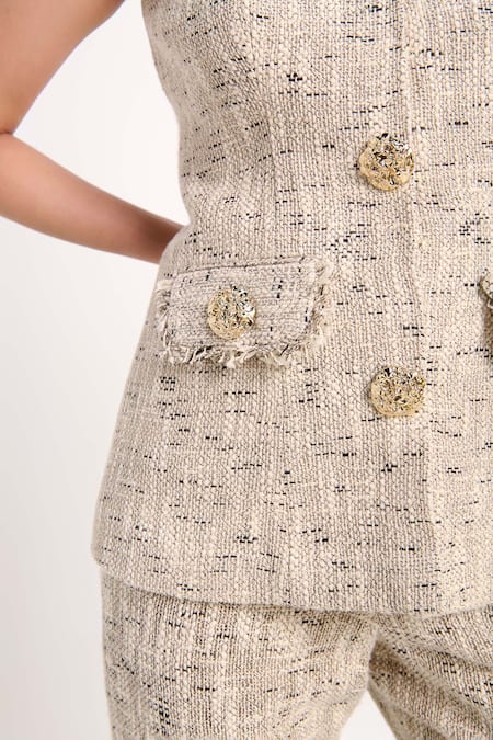 Verano By Tanya_Ivory Tweed Fringe Round Neck Astrid Waistcoat _at_Aza_Fashions