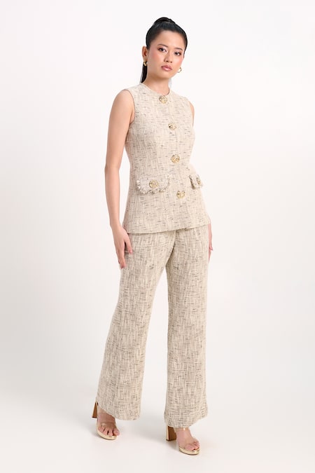Verano By Tanya_Ivory Tweed Astrid Straight Trouser _Online_at_Aza_Fashions