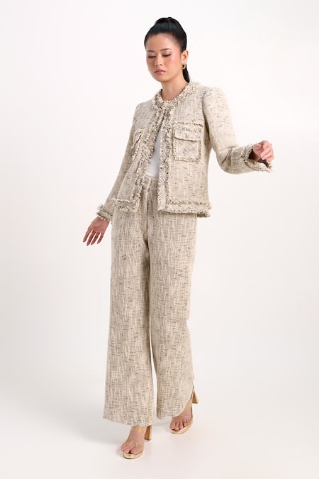 Buy_Verano By Tanya_Ivory Tweed Astrid Straight Trouser _Online_at_Aza_Fashions