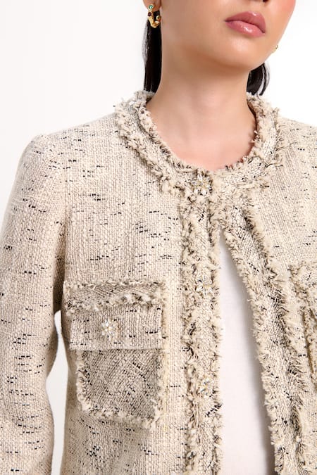 Shop_Verano By Tanya_Ivory Tweed Fringe, Rhinestones Astrid Blazer _Online_at_Aza_Fashions