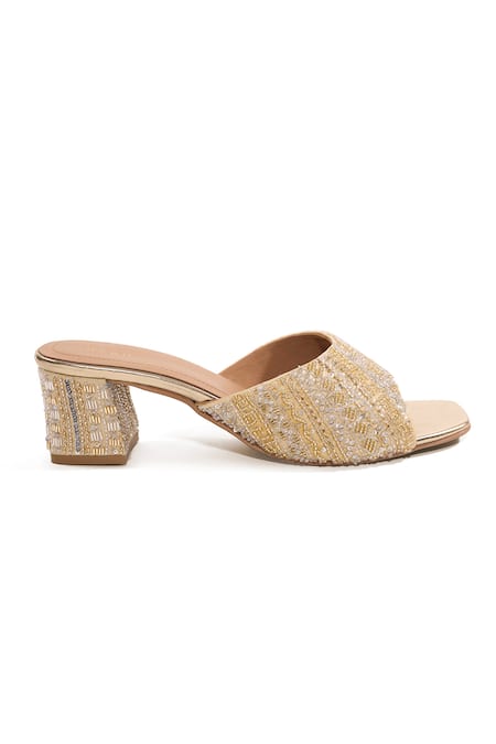 Anaar_Gold Embroidery, Beads Last Twirl Block Heels _Online_at_Aza_Fashions