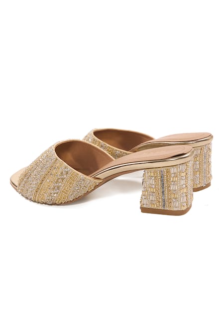 Buy_Anaar_Gold Embroidery, Beads Last Twirl Block Heels _Online_at_Aza_Fashions