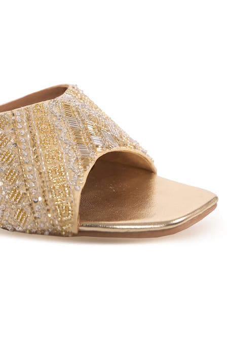 Anaar_Gold Embroidery, Beads Last Twirl Block Heels _at_Aza_Fashions