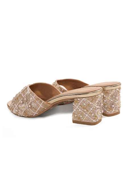 Anaar_Gold Pearls, Sequins, Gota Patti, Beads, Roman Empire Floral Pattern Block Heels _Online_at_Aza_Fashions