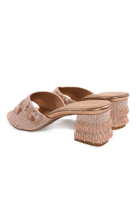 Shop_Anaar_Pink Sequins, Rhinestones, Beads, Tassels, Bloom Bagh Floral Motif Block Heels _Online_at_Aza_Fashions