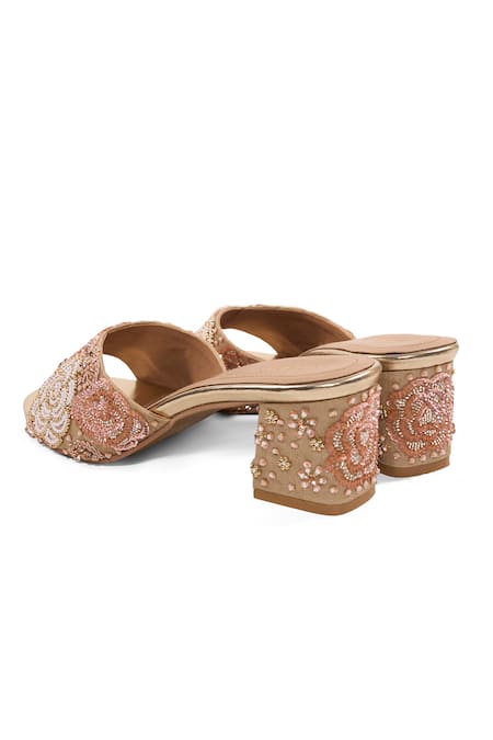 Shop_Anaar_Gold Beads, Sequins, Stones, Festive Fling Rosette Embellished Block Heels _Online_at_Aza_Fashions