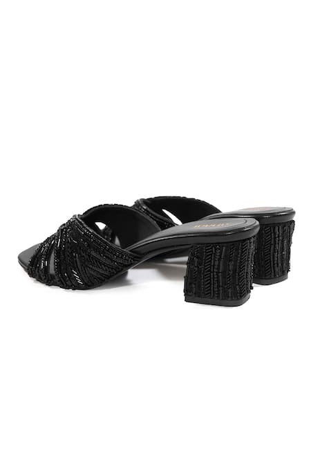 Buy_Anaar_Black Beads, Sequins, Stones Calcutta Club Cutdana Embellished Block Heels _Online_at_Aza_Fashions