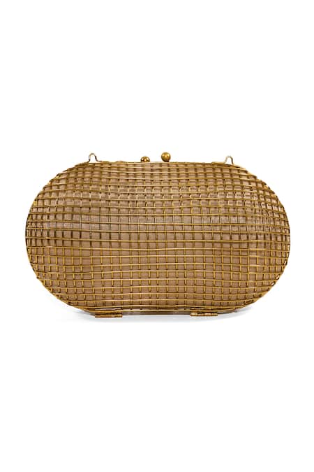 Anaar_Gold Gemstones, Rhinestones, Sultanate Kundan Embellished Cage Clutch _Online_at_Aza_Fashions