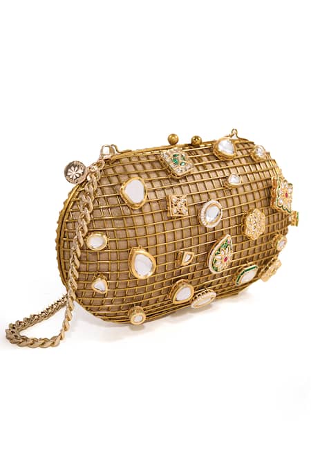 Buy_Anaar_Gold Gemstones, Rhinestones, Sultanate Kundan Embellished Cage Clutch _Online_at_Aza_Fashions