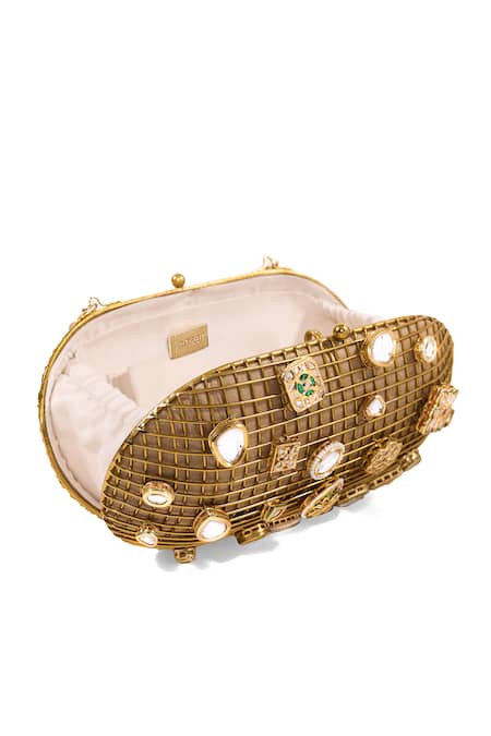 Shop_Anaar_Gold Gemstones, Rhinestones, Sultanate Kundan Embellished Cage Clutch _Online_at_Aza_Fashions