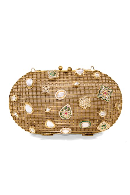Anaar_Gold Gemstones, Rhinestones, Sultanate Kundan Embellished Cage Clutch _at_Aza_Fashions
