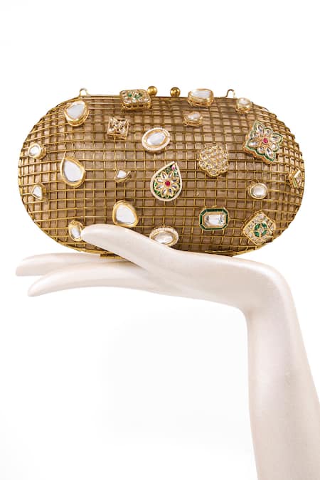 Buy_Anaar_Gold Gemstones, Rhinestones, Sultanate Kundan Embellished Cage Clutch 