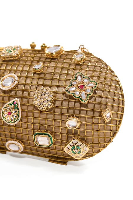 Shop_Anaar_Gold Gemstones, Rhinestones, Sultanate Kundan Embellished Cage Clutch 