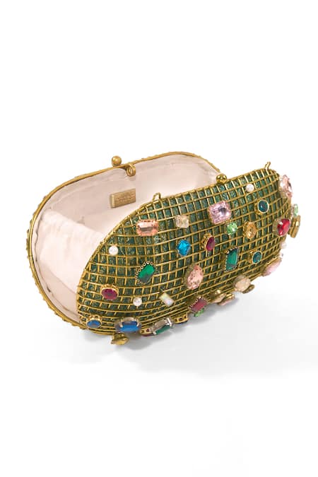 Anaar_Gold Gemstones, Pearls Ophelia And Embellished Cage Clutch _Online_at_Aza_Fashions