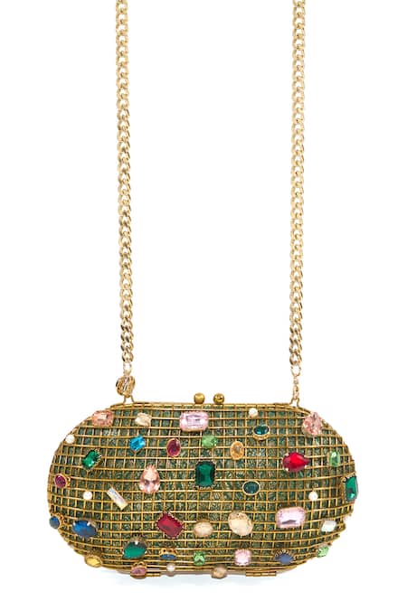 Shop_Anaar_Gold Gemstones, Pearls Ophelia And Embellished Cage Clutch _Online_at_Aza_Fashions
