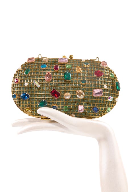 Buy_Anaar_Gold Gemstones, Pearls Ophelia And Embellished Cage Clutch 