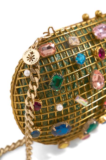 Shop_Anaar_Gold Gemstones, Pearls Ophelia And Embellished Cage Clutch 