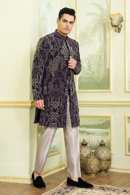 Buy_Millionaire_Purple Viscose, Polyester Embroidery, Metallic Thread Hand Sherwani Set _Online_at_Aza_Fashions