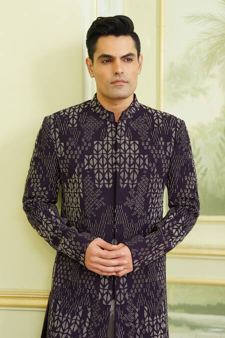 Shop_Millionaire_Purple Viscose, Polyester Embroidery, Metallic Thread Hand Sherwani Set _Online_at_Aza_Fashions