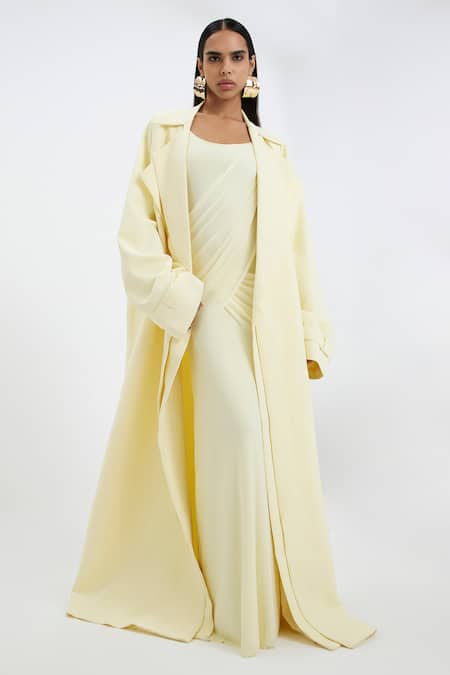 Deme By Gabriella_Yellow Lycra, Net Scoop Neck Joanna A-line Slip Dress _at_Aza_Fashions