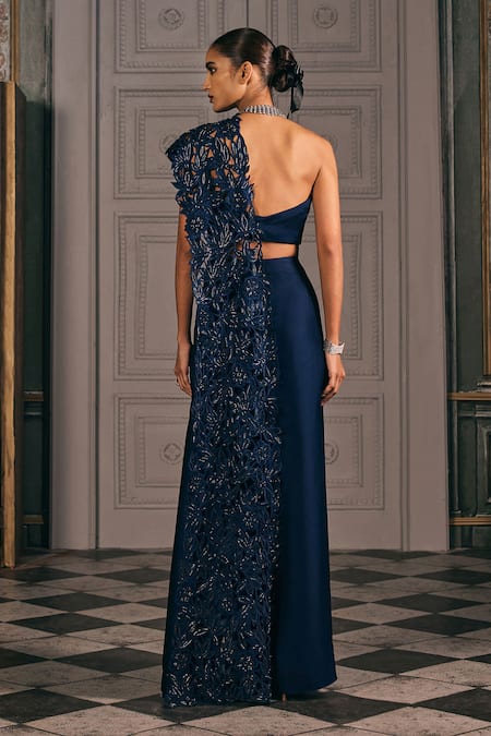 Studio22 By Pulkita Arora Bajaj Ornate One Shoulder Draped Saree With Cutwork Applique 