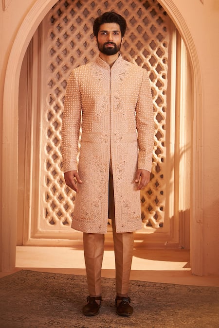 Buy_Millionaire_Peach Silk Pearls, Embroidery Floral Sherwani Set _Online_at_Aza_Fashions