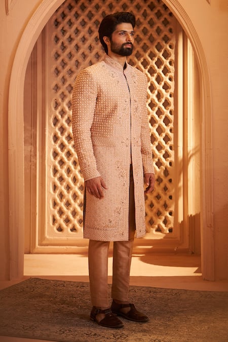 Shop_Millionaire_Peach Silk Pearls, Embroidery Floral Sherwani Set _Online_at_Aza_Fashions