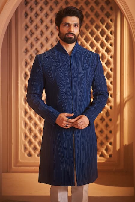 Shop Millionaire Blue Embroidery Thread Work Sherwani Set Online at Aza Fashions Shop_Millionaire_Blue Embroidery Thread Work Sherwani Set _Online_at_Aza_Fashions