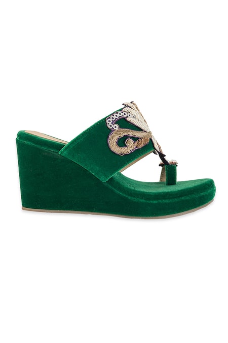 5elements_Green Beads, Sequins, Pearls, Embroidery Reya Velvet Hand Embellished Wedges _Online_at_Aza_Fashions