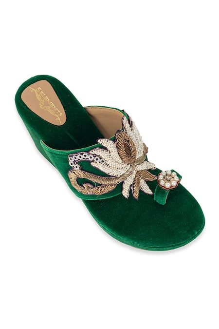 Buy_5elements_Green Beads, Sequins, Pearls, Embroidery Reya Velvet Hand Embellished Wedges _Online_at_Aza_Fashions