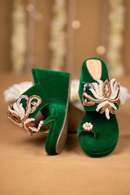 5elements_Green Beads, Sequins, Pearls, Embroidery Reya Velvet Hand Embellished Wedges _at_Aza_Fashions