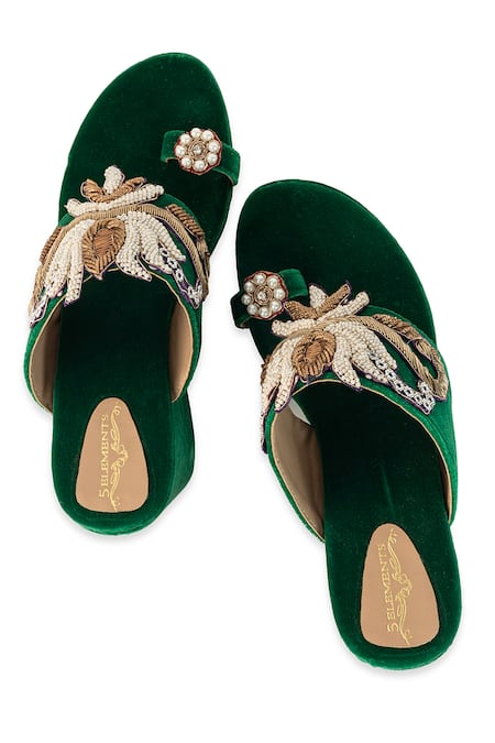 Buy_5elements_Green Beads, Sequins, Pearls, Embroidery Reya Velvet Hand Embellished Wedges 