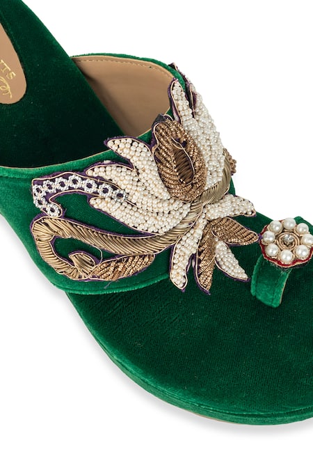 Shop_5elements_Green Beads, Sequins, Pearls, Embroidery Reya Velvet Hand Embellished Wedges 