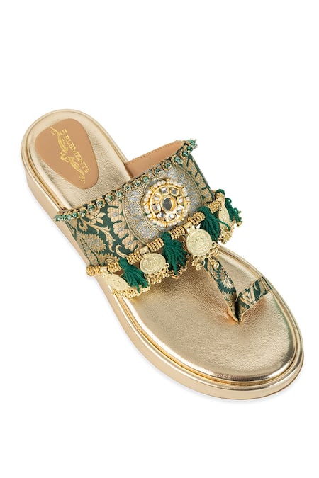 Buy_5elements_Gold Mirrors, Tassels, Beads Elisha Brocade And Coin Embellished Wedges _Online_at_Aza_Fashions