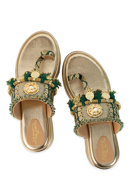 Shop_5elements_Gold Mirrors, Tassels, Beads Elisha Brocade And Coin Embellished Wedges _Online_at_Aza_Fashions