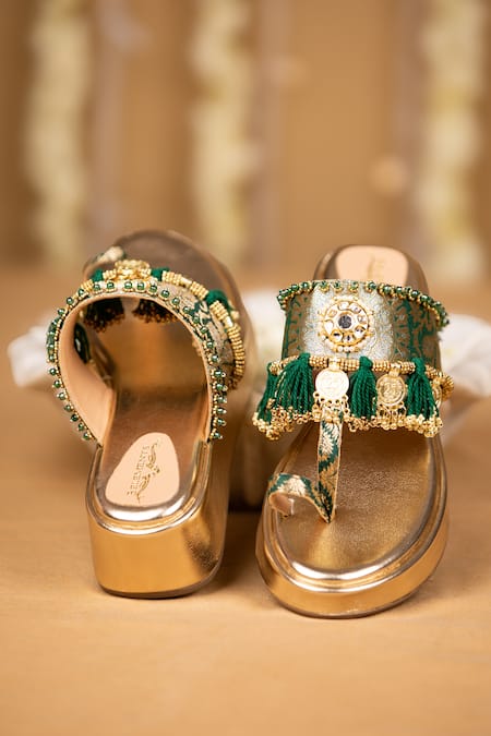 5elements_Gold Mirrors, Tassels, Beads Elisha Brocade And Coin Embellished Wedges _at_Aza_Fashions