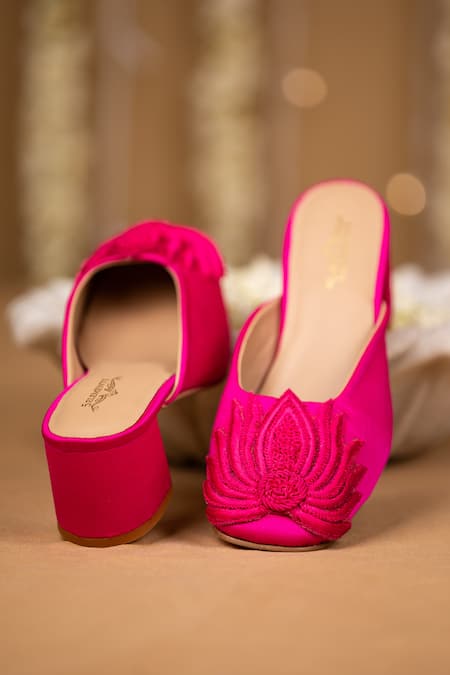 Shop_5elements_Pink Embroidery Amira Lotus Mule Heels _Online_at_Aza_Fashions