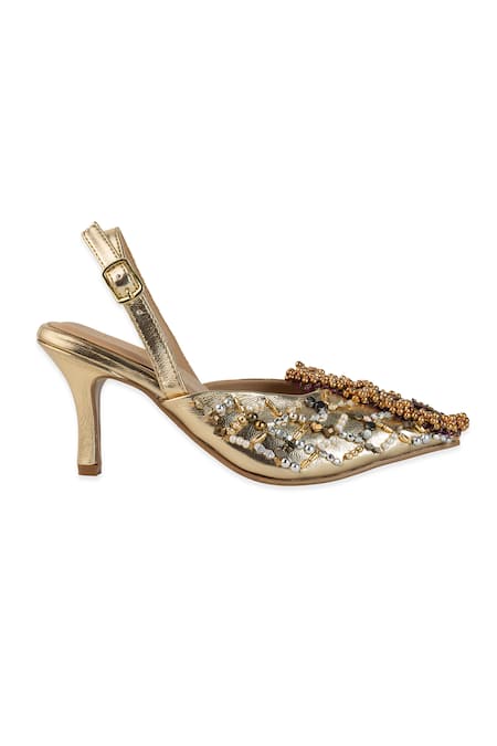 5elements_Gold Beads, Sequins, Metallic Thread Tavira Embellished Beadwork Heels _Online_at_Aza_Fashions