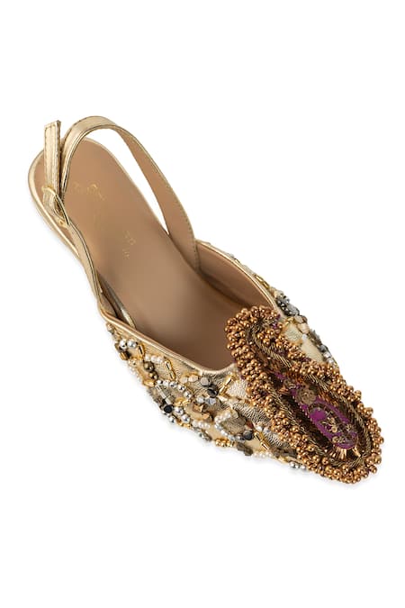 Shop_5elements_Gold Beads, Sequins, Metallic Thread Tavira Embellished Beadwork Heels _Online_at_Aza_Fashions