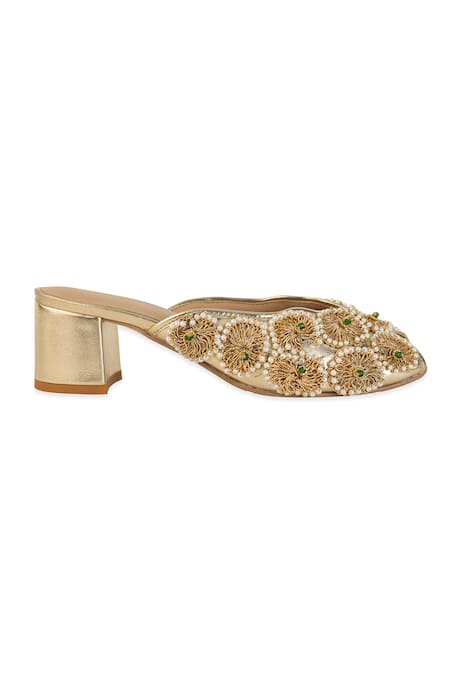 5elements_Gold Embroidery, Beads, Pearls Anvaya Floral Heels _Online_at_Aza_Fashions