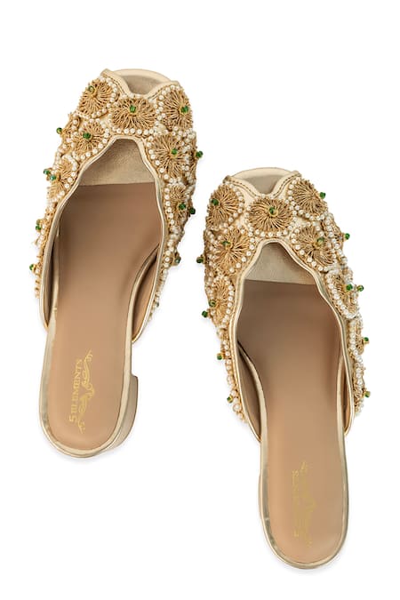 Shop_5elements_Gold Embroidery, Beads, Pearls Anvaya Floral Heels _Online_at_Aza_Fashions