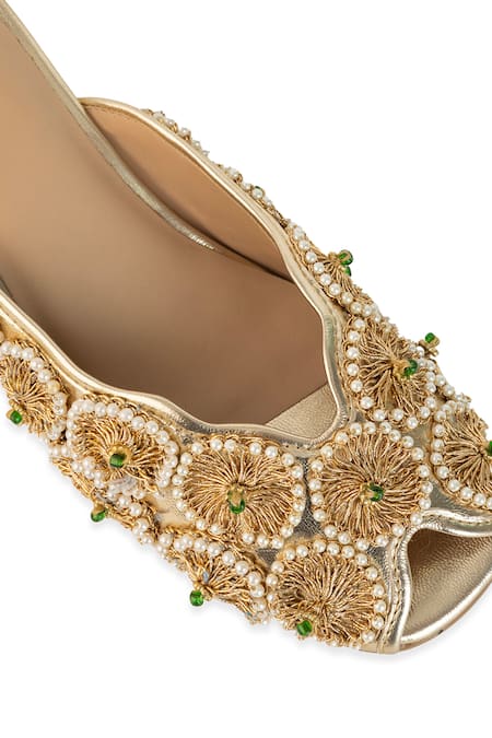 5elements_Gold Embroidery, Beads, Pearls Anvaya Floral Heels _at_Aza_Fashions
