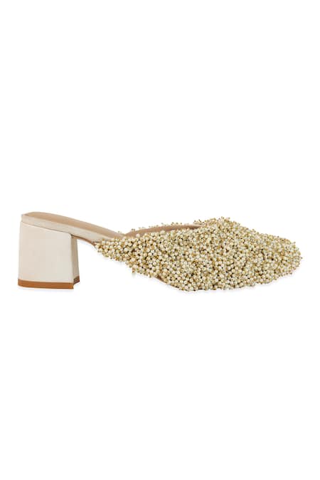 5elements_Off White Beads, Embroidery Varsuni Hand Mule Heels _Online_at_Aza_Fashions
