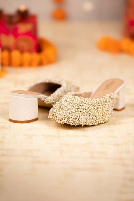 Shop_5elements_Off White Beads, Embroidery Varsuni Hand Mule Heels _Online_at_Aza_Fashions