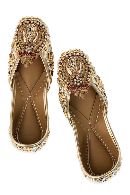 5elements_Gold Reeva Zari Sequin Pearl Embroidered Juttis _at_Aza_Fashions