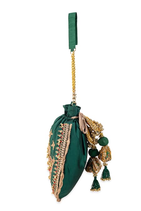 Buy_5elements_Green Embroidery, Beads, Tassels Ruvika Peacock Potli Bag _Online_at_Aza_Fashions